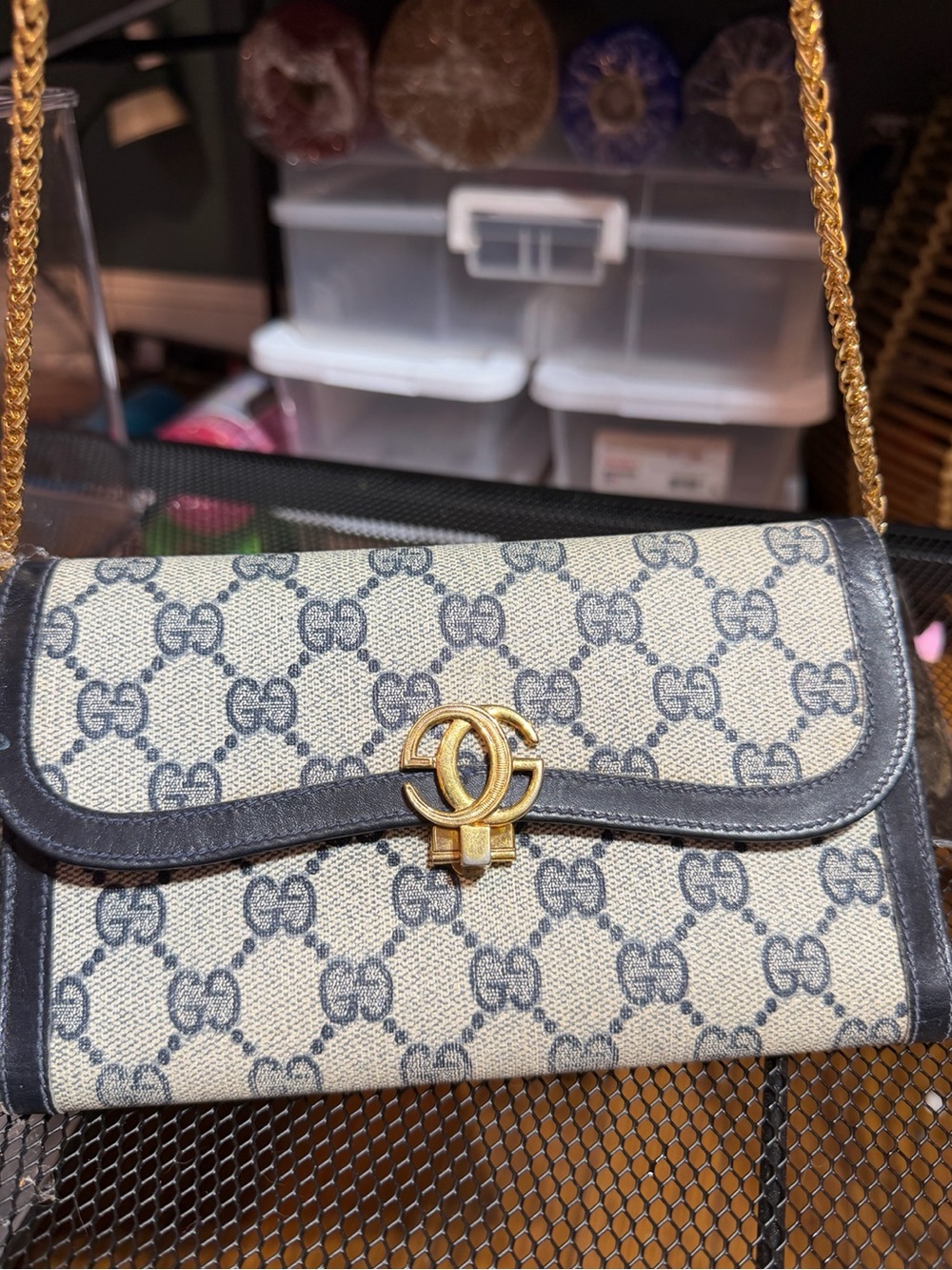 Vintage Gucci GG Supreme Monogram Wallet on Chain Navy Blue Crossbody Clutch Bag - Picture 2 of 10